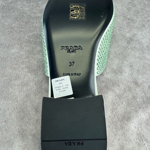 Prada Satin Crystal Embellished Green Slide Mules Sandals 37 NEW - Picture 8 of 9